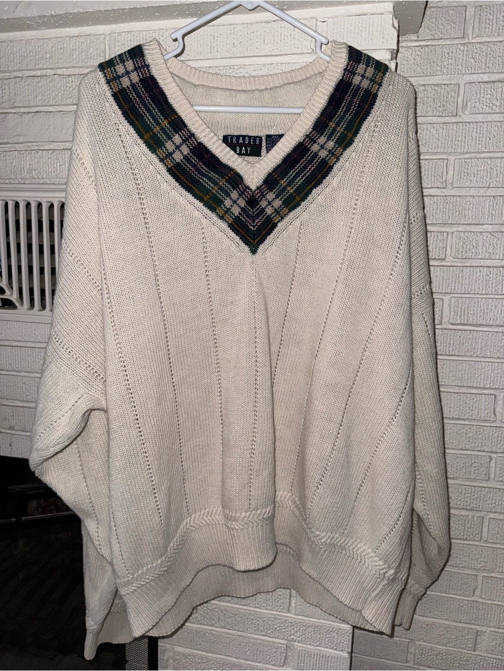 Vintage 90s Trader Bay Cream V-Neck Sweater with Green & Navy Plaid Trim